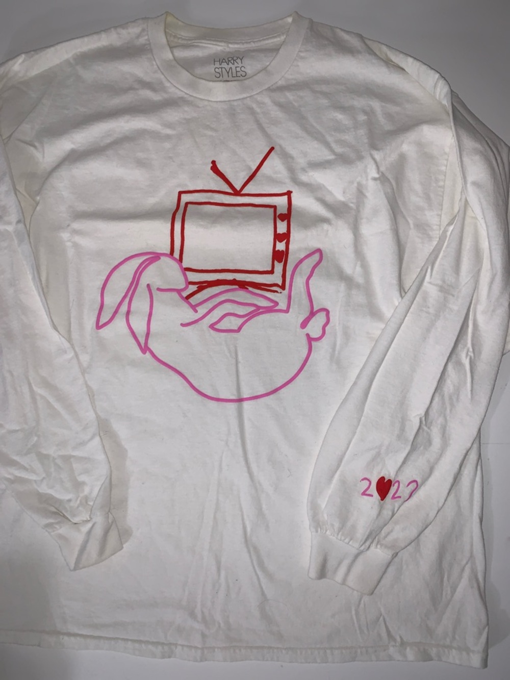 Harry Styles White Long Sleeve Tee with Pink Rabbit & Red TV Graphic